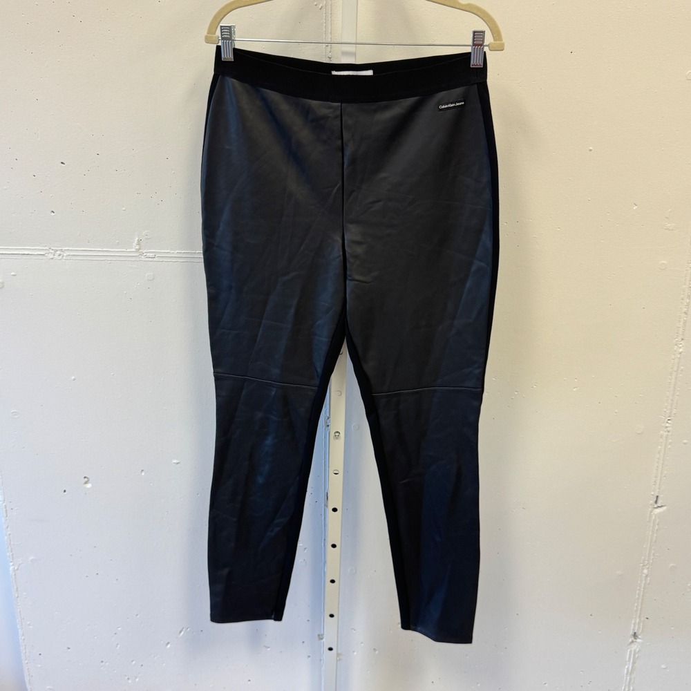 Calvin Klein Jeans Faux Leather Front Leggings Pants Size Large Womens Black